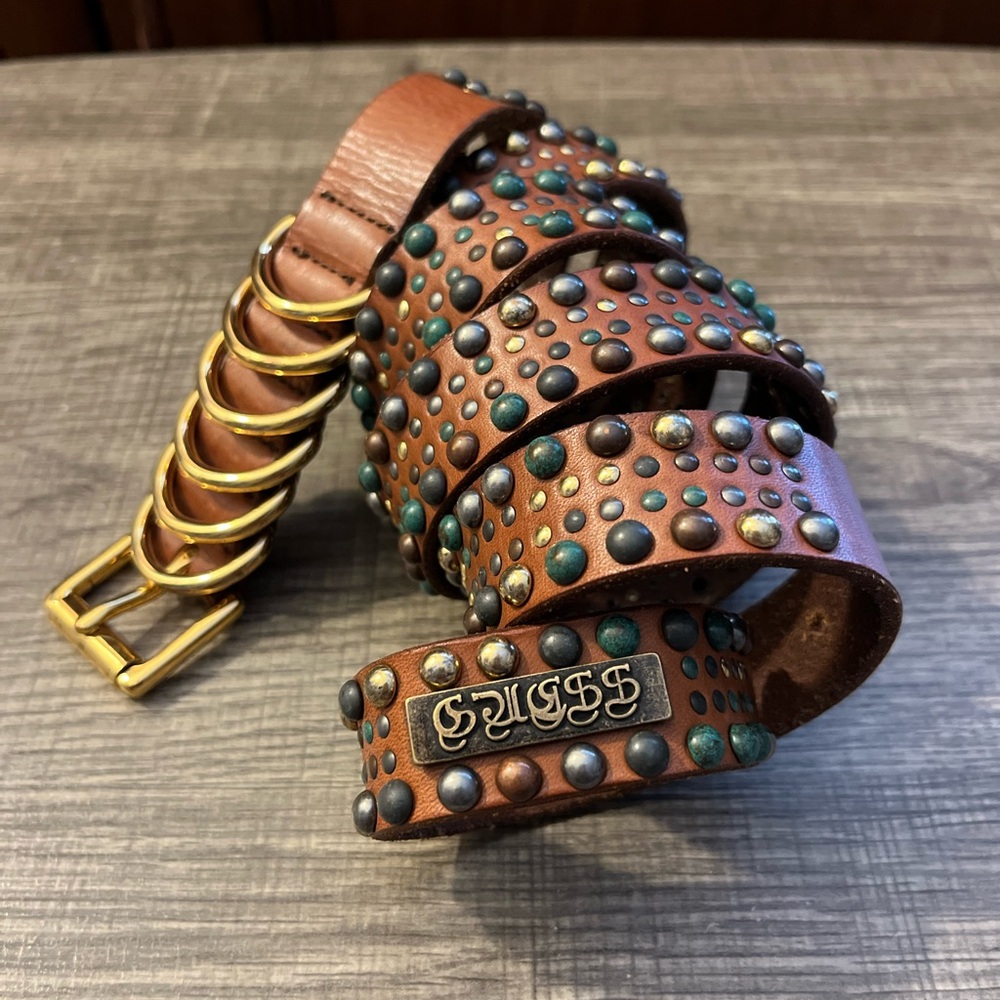 Guess Studded Brown Leather Belt with Gold Buckle